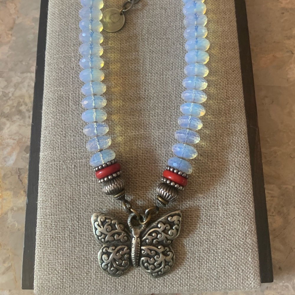 Opalite Bead Necklace with Silver Butterfly Pendant - Blue Opal and Red Accents